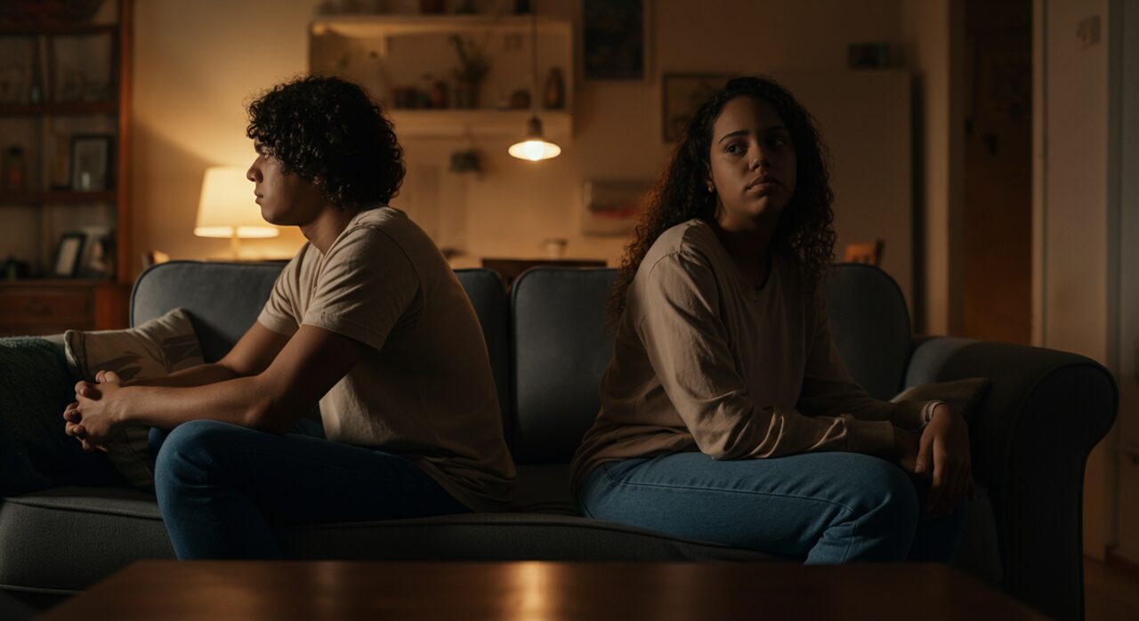 casal sentado no mesmo sofá, cada um olhando pra um lado